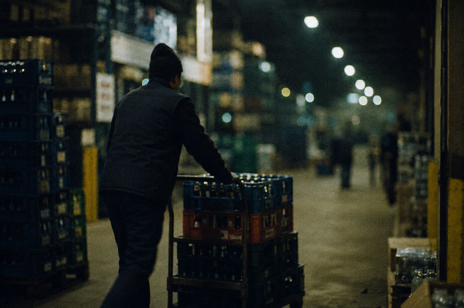 Crates of bottles pushed through a drinks warehouse at night